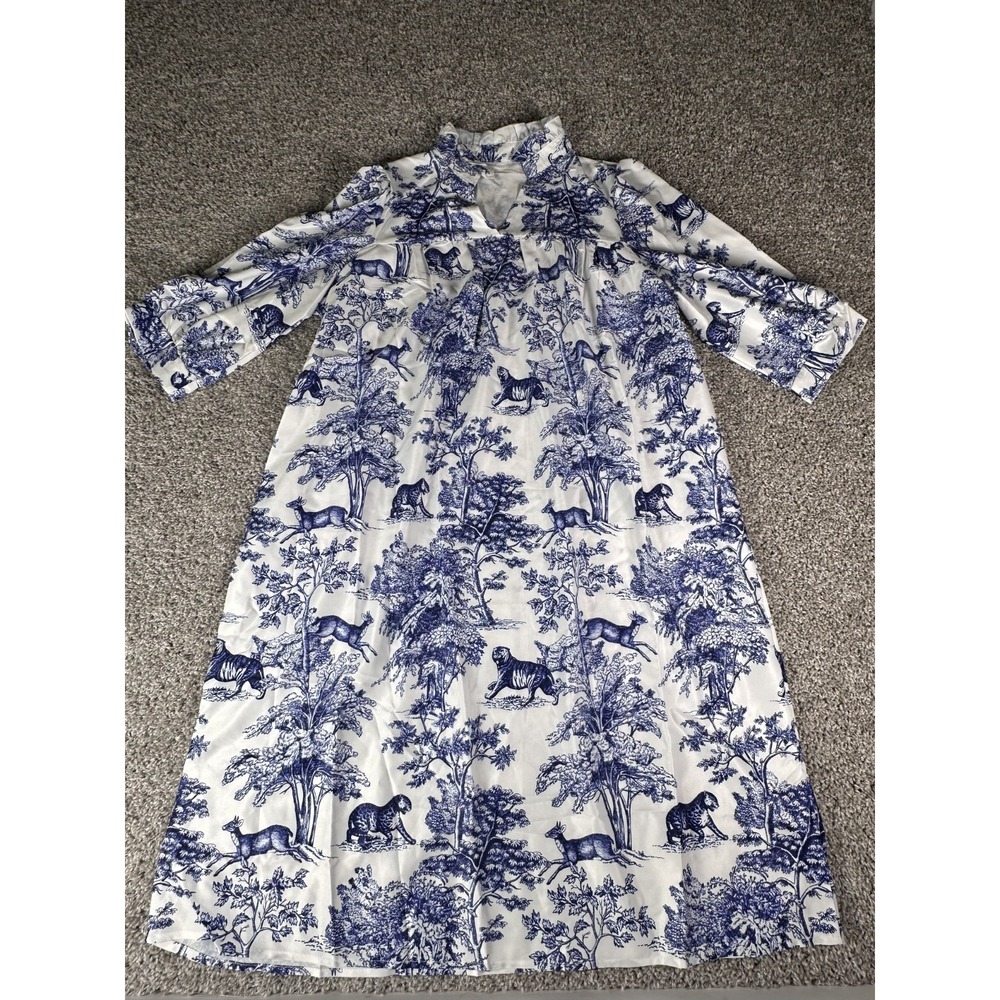 Shein‎ Vacation Plant Animal Print Shirt Dress Sz L Blue White 3/4 Sleeve Casual